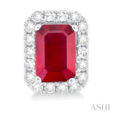 6x4 MM Octagonal Shape Ruby and 1/4 Ctw Round Cut Diamond Halo Precious Stud Earrings in 14K White Gold